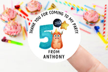 Load image into Gallery viewer, Personalised Birthday Stickers -Age 1-9 Boys Monster Birthday Party Bag Thank You Sticker 37mm/45mm /51mm/64mm - Sweet Cone Labels
