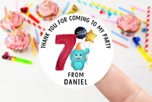 Load image into Gallery viewer, Personalised Birthday Stickers -Age 1-9 Boys Monster Birthday Party Bag Thank You Sticker 37mm/45mm /51mm/64mm - Sweet Cone Labels - Tags

