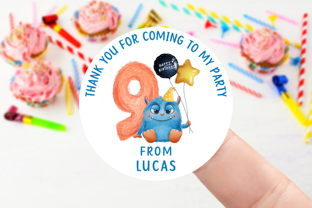 Personalised Birthday Stickers -Age 1-9 Boys Monster Birthday Party Bag Thank You Sticker 37mm/45mm /51mm/64mm- Sweet Cone Labels - Tags