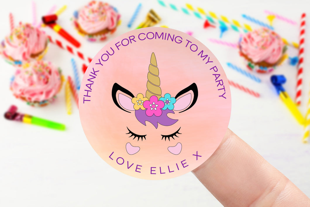 Personalised Unicorn Birthday Stickers -Birthday Party Bag Thank You Sticker 37mm/45mm/51mm/64mm - Pink/Blue Sweet Cone Stickers
