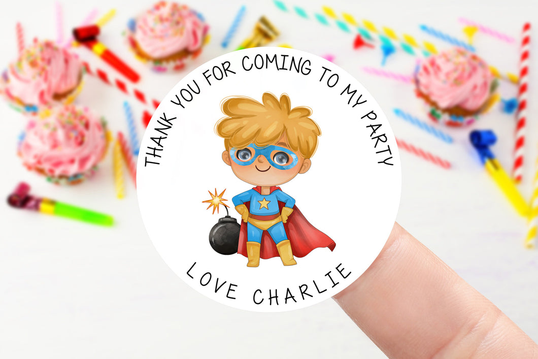 Personalised Boys Superhero Birthday Stickers -Birthday Party Bag Thank You Sticker - Sweet Cone Stickers 37mm/45mm /51mm/64mm Kids