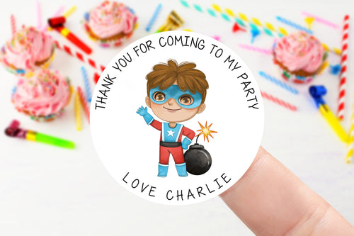 Personalised Boys Superhero Birthday Stickers -Birthday Party Bag Thank You Sticker - Sweet Cone Stickers  37mm/45mm /51mm/64mm