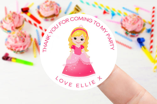 Personalised Pink Princess Birthday Stickers -Birthday Party Bag Thank You Sticker - Sweet Cone Stickers 37mm/45mm/51mm/64mm Childrens Kids
