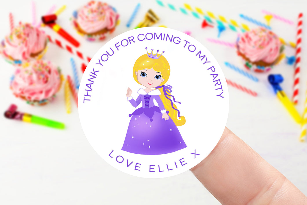 Personalised Purple Princess Birthday Stickers -Birthday Party Bag Thank You Sticker - Sweet Cone Stickers 37mm or 51mm Childrens Kids