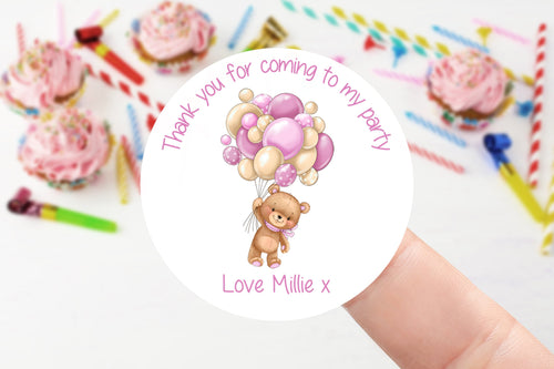 Personalised Birthday Stickers  with Teddy and Pink Balloons Birthday Party Bag Thank You Sticker - Sweet Cone Stickers 37mm/45mm /51mm/64mm
