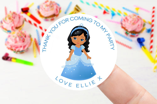 Personalised Princess Birthday Stickers -Blue Dress- Birthday Party Bag Thank You Sticker - Sweet Cone Stickers 37mm or 51mm Childrens Kids