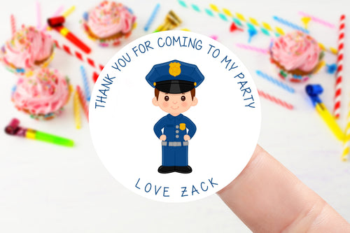 Personalised Boys Birthday Stickers with Policeman Birthday Party Bag Thank You Sticker - Sweet Cone Stickers 37mm or 51mm Childrens Kids
