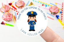 Load image into Gallery viewer, Personalised Girls Birthday Stickers with Policewoman Birthday Party Bag Thank You Sticker - Sweet Cone Stickers 37mm or 51mm Childrens Kids
