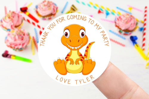 Personalised Birthday Stickers with Orange Dinosaur -Birthday Party Bag Thank You Sticker - Sweet Cone Stickers 37mm or 51mm Childrens Kids