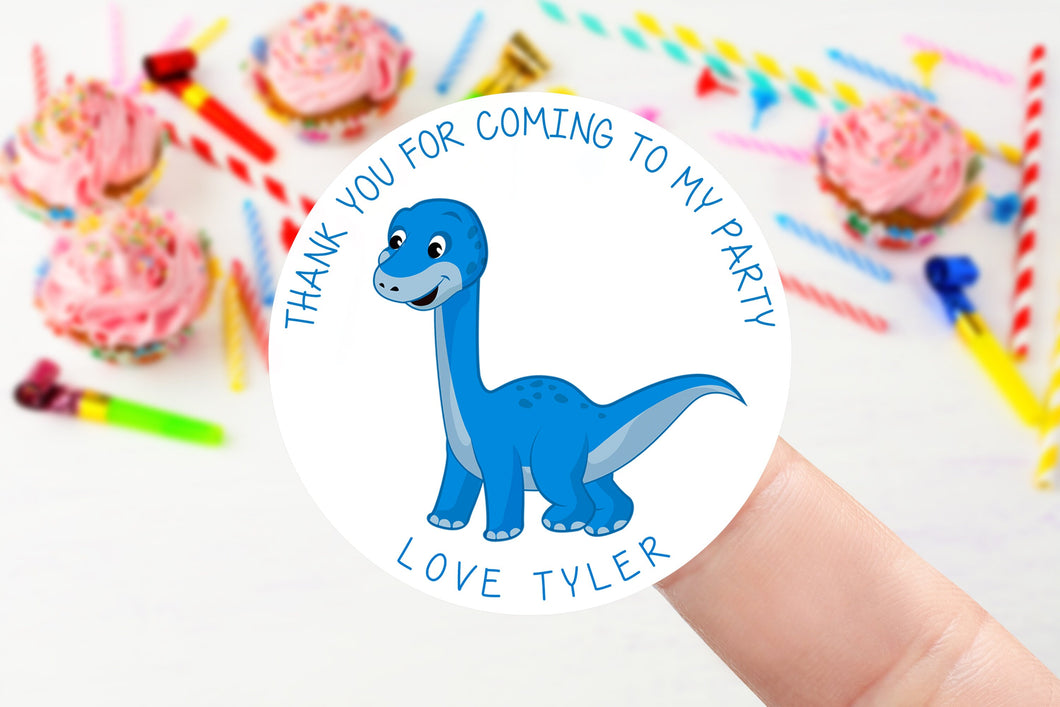 Personalised Birthday Stickers with Blue Dinosaur -Birthday Party Bag Thank You Sticker - Sweet Cone Stickers 37mm or 51mm Kids