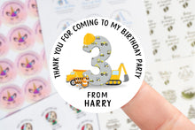 Load image into Gallery viewer, Personalised Birthday Stickers Boys Digger Construction Truck Name Birthday Party Bag Thank You Sticker Sweet Cone Label 37mm/45mm/51mm/64mm
