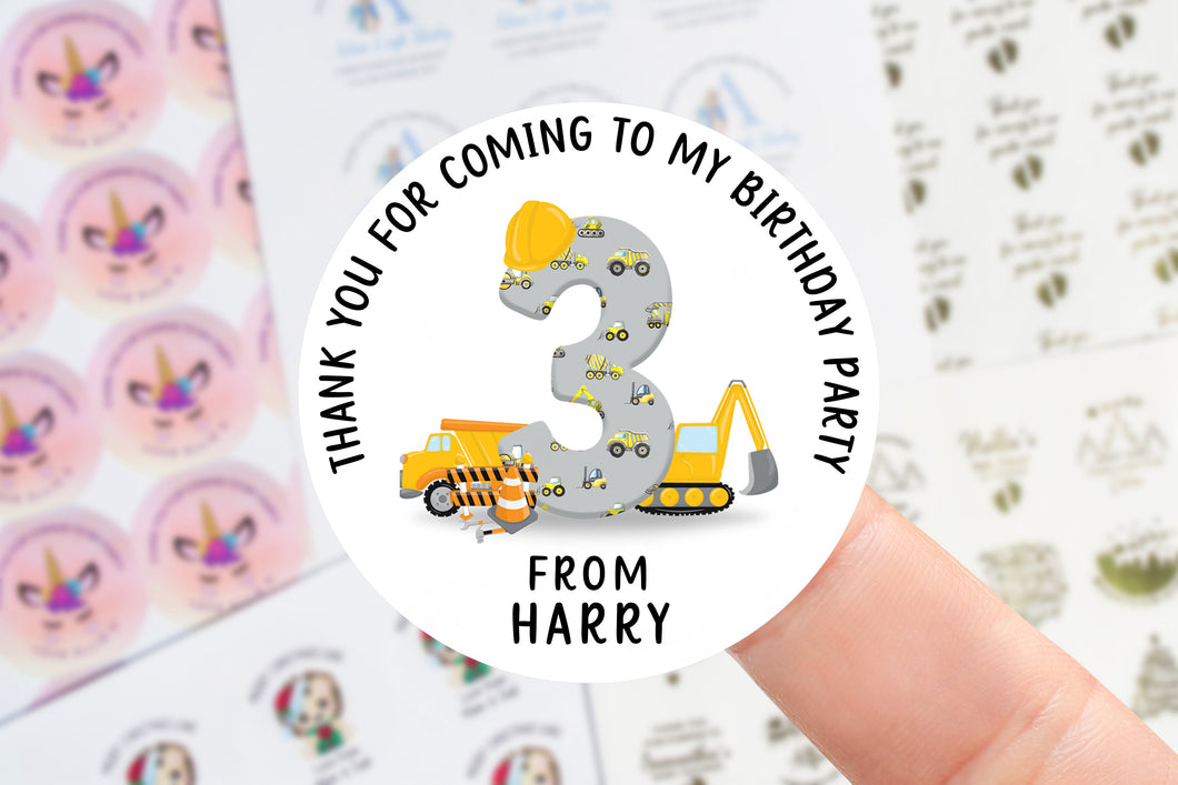 Personalised Birthday Stickers Boys Digger Construction Truck Name Birthday Party Bag Thank You Sticker Sweet Cone Label 37mm/45mm/51mm/64mm