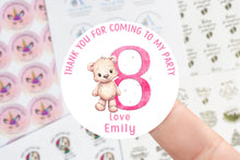 Load image into Gallery viewer, Personalised Birthday Stickers -Age 1-9 Cute Teddy Bear Pink Birthday Party Bag Thank You Sticker Sweet Cone Labels/Tags 37mm/45mm/51mm/64mm
