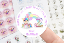 Load image into Gallery viewer, Personalised  Unicorn Birthday Stickers -Birthday Party Bag Thank You Sticker - Pink/Blue Sweet Cone Stickers 37mm/45mm/51mm/64mm
