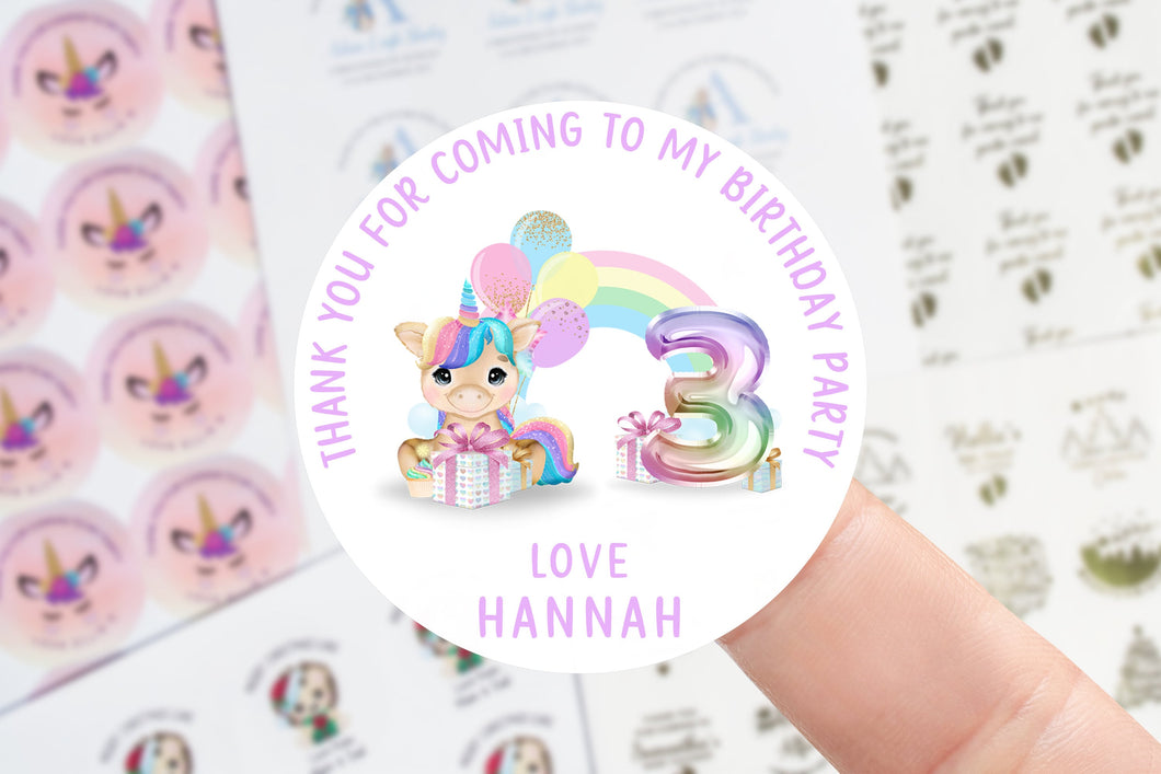 Personalised  Unicorn Birthday Stickers -Birthday Party Bag Thank You Sticker - 37mm/45mm/51mm/64mm Pink/Blue Sweet Cone Stickers