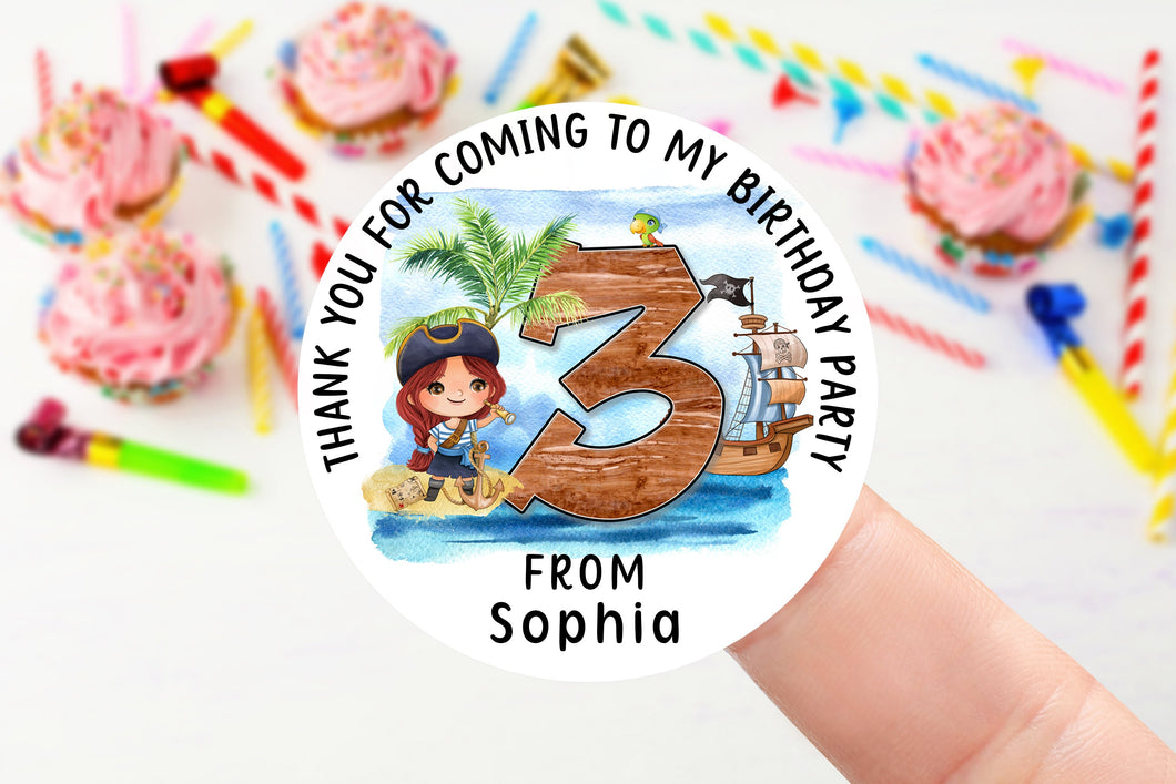 Personalised Birthday Stickers - Girls Pirate Birthday Party Bag Thank You Sticker -Sweet Cone Stickers 37mm/45mm /51mm/64mm Kids