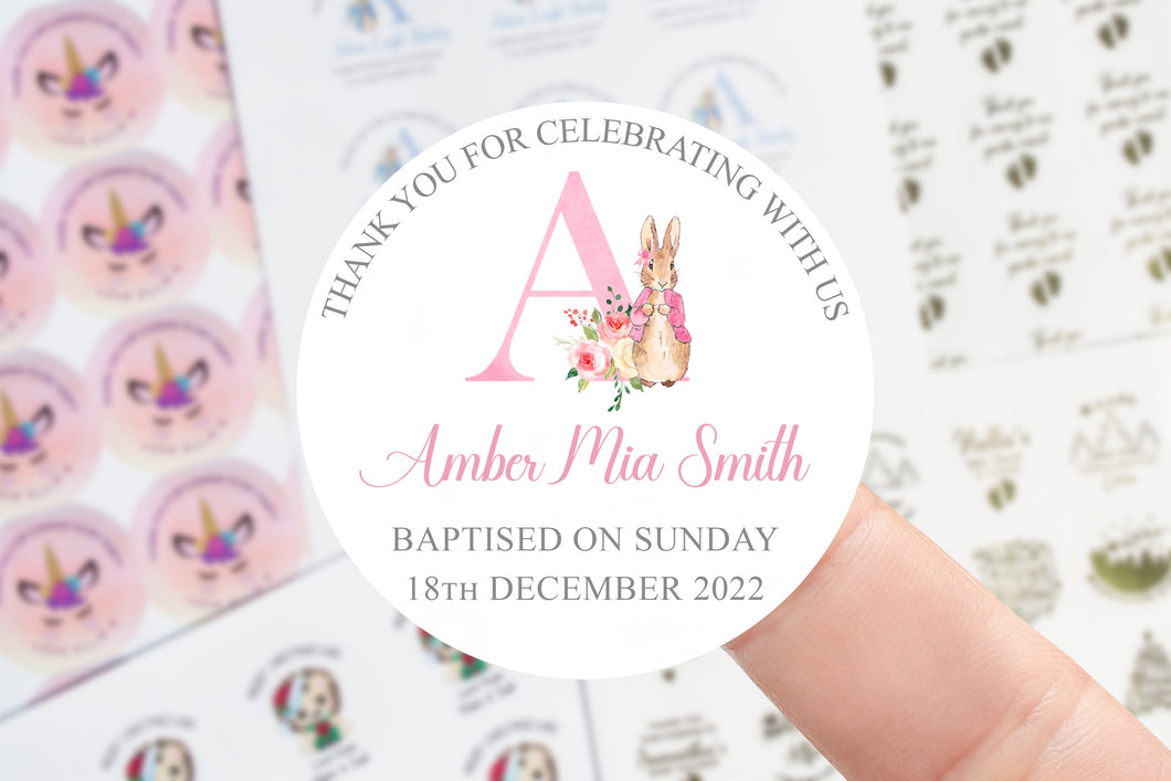 Personalised Baptism Stickers -  Girls Pink Peter Rabbit Alphabet and Name and Date Thank You For Coming Sticker - 45mm /51mm/64mm