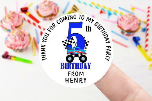 Personalised Birthday Stickers -Boys Blue Monster Truck Name Birthday Party Bag Thank You Sticker - Sweet Cone- 37mm/45mm /51mm/64mm