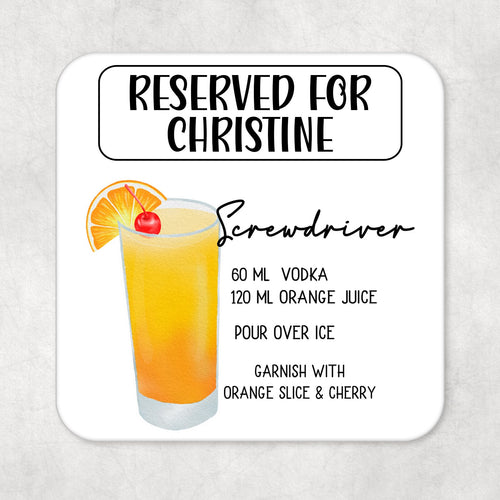 Personalised Screwdriver Cocktail Recipe Drinks Coaster With Name