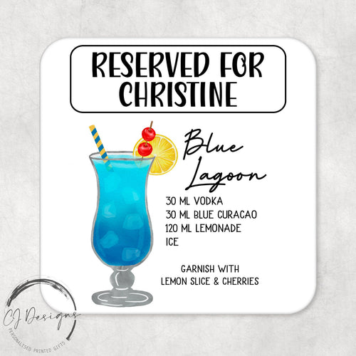 Personalised Blue Lagoon Recipe Drinks Coaster With Name