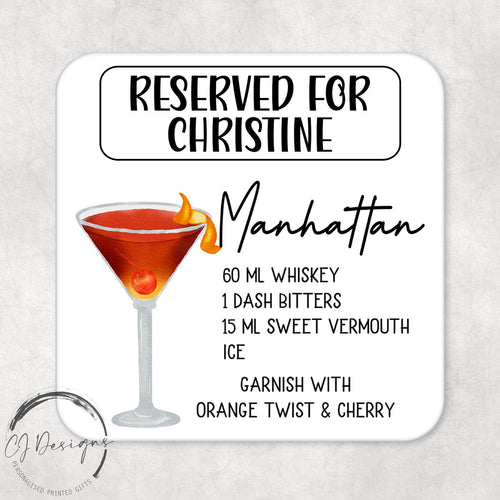 Personalised Manhattan Recipe Drinks Coaster With Name