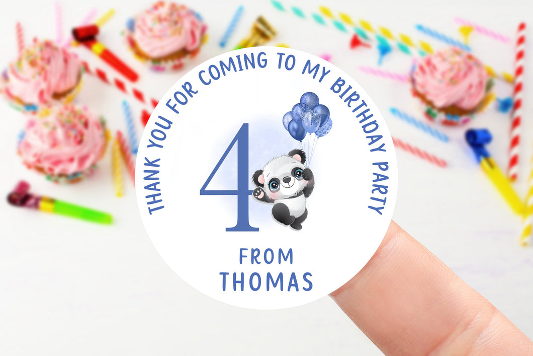 Personalised Birthday Stickers - Panda with Blue Balloons - Boys Birthday Party Bag Thank You Sticker  Sweet Cone Label 37mm/45mm /51mm/64mm