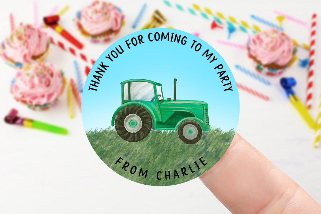 Personalised Birthday Stickers with Tractor in Red, Yellow, Blue or Green Name Party Bag Thank You Sticker Sweet Cone- 37mm/45mm /51mm/64mm