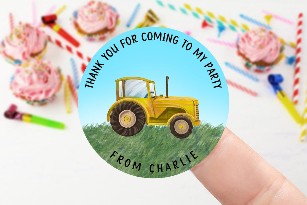 Personalised Birthday Stickers with Tractor in Red, Yellow, Blue or Green Name Party Bag Thank You Sticker 37mm/45mm/51mm/64mm Sweet Cone