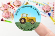 Load image into Gallery viewer, Personalised Birthday Stickers with Tractor in Red, Yellow, Blue or Green Name Party Bag Thank You Sticker Sweet Cone- 4 Sizes 2nd, 3rd
