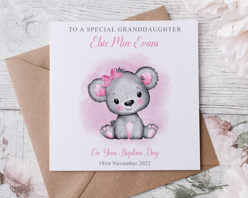 Personalised Granddaughter Baptism Card, Cute Pink Bear Name and Date Greeting Card, Christening Day Keepsake Goddaughter