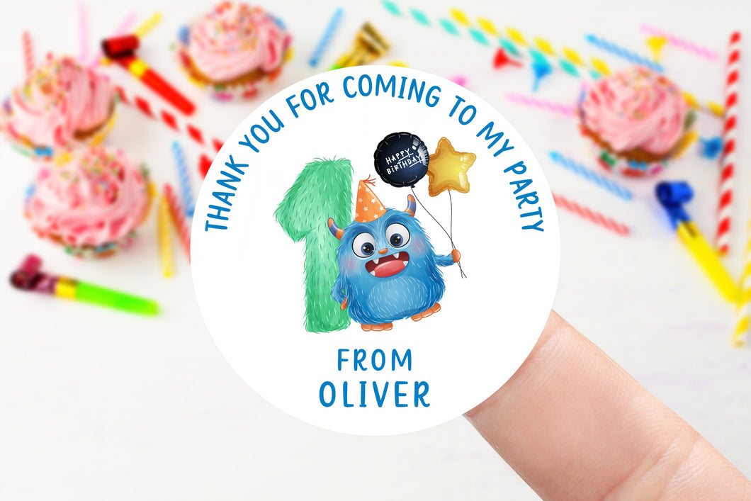 Personalised Birthday Stickers - Age 1-9 Boys Monster Birthday Party Bag Thank You Sticker 37mm/45mm /51mm/64mm- Sweet Cone Labels