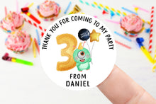 Load image into Gallery viewer, Personalised Birthday Stickers - Age 1-9 Boys Monster Birthday Party Bag Thank You Sticker 37mm/45mm /51mm/64mm- Sweet Cone Labels
