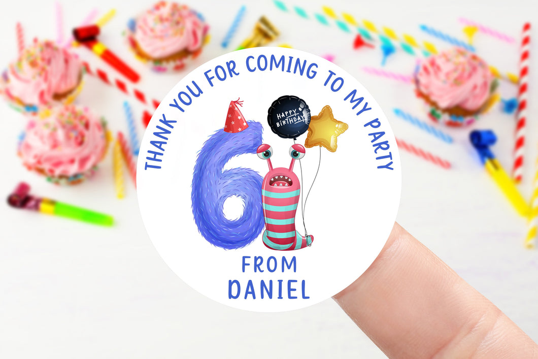 Personalised Birthday Stickers -Age 1-9 Boys Monster Birthday Party Bag Thank You Sticker 37mm/45mm /51mm/64mm - Sweet Cone Labels - Tags