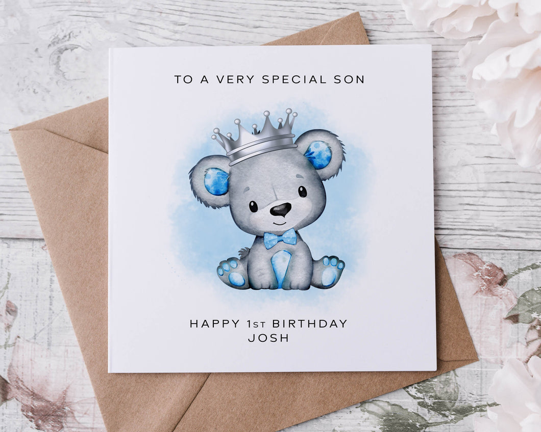Personalised Special Son Birthday Card - Grey and Blue Teddy Bear Customised with Name & Age Card for her 1st 2nd 3rd 4th 5th 6th