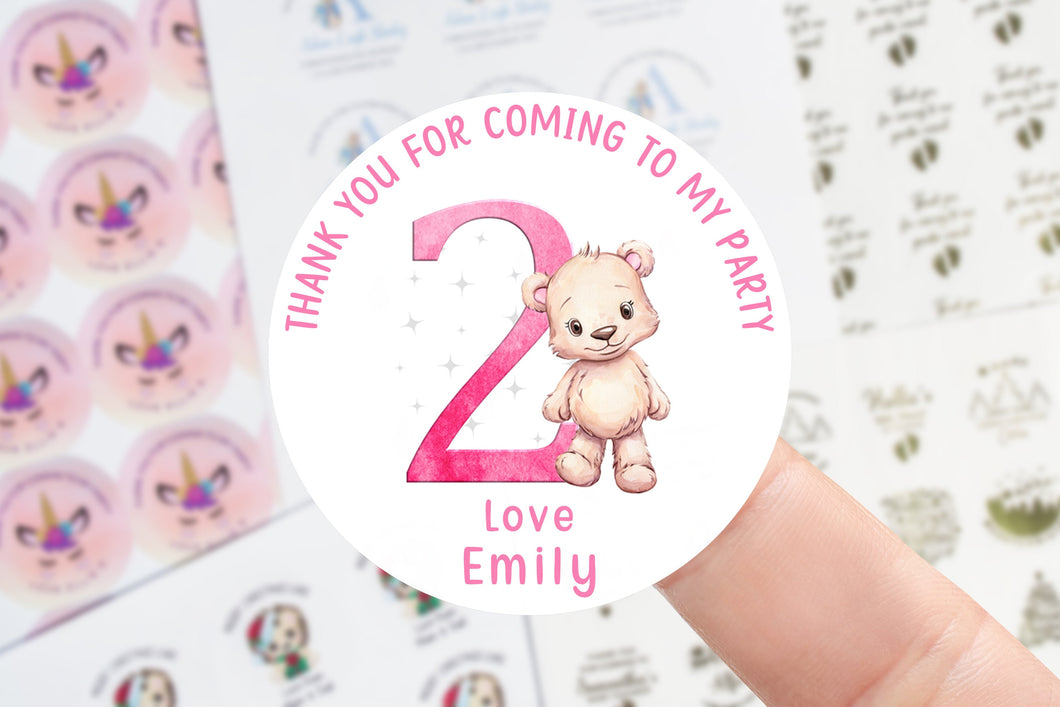 Personalised Birthday Stickers -Age 1-9 Cute Teddy Bear Pink Birthday Party Bag Thank You Sticker Sweet Cone Labels/Tags 37mm/45mm/51mm/64mm