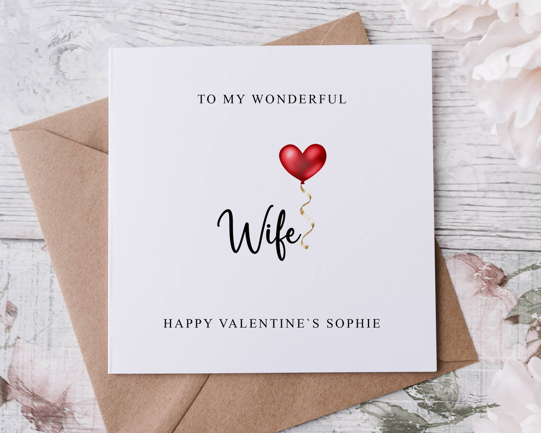 Personalised Wife Valentines Card - Customised with Name an Red Heart Balloon - Greeting card for Her, - Valentine Gift 2 sizes available