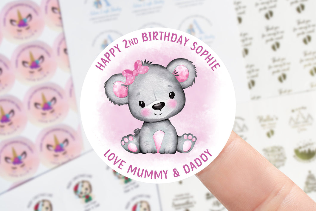 Personalised Birthday Stickers -Teddy Gift Tag - Name and Age Sweet Cone Stickers  37mm/45mm /51mm/64mm Girls Gift Labels