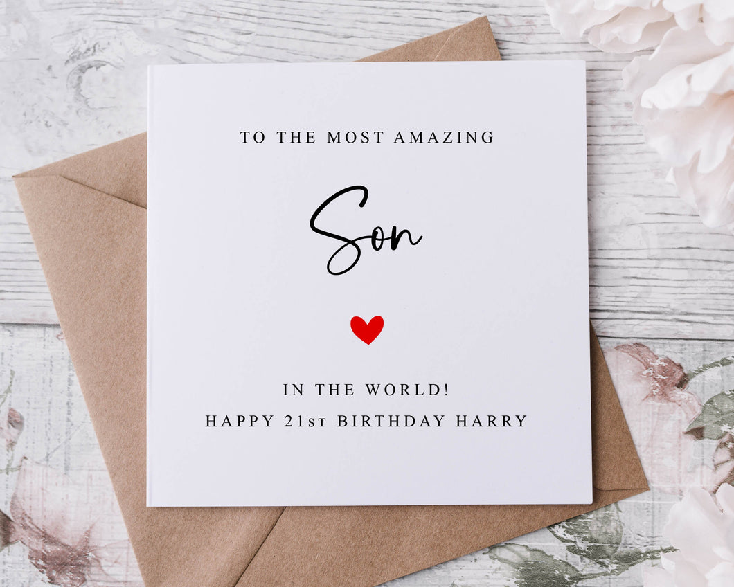 Personalised Son Birthday Card with Red Heart, Best Son in the World Age & Name, Card For Him 30th, 40th,50th, 60th, 70th, 80th, Any Age