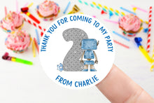 Load image into Gallery viewer, Personalised Robot Birthday Stickers -Boys Party Bag Thank You Sticker - Name and Age Sweet Cone Labels  37mm/45mm /51mm/64mm
