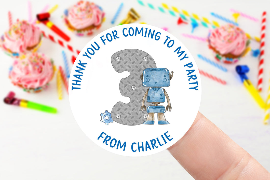 Personalised Robot Birthday Stickers -Boys Party Bag Thank You Sticker - Name and Age Sweet Cone Labels  37mm/45mm /51mm/64mm