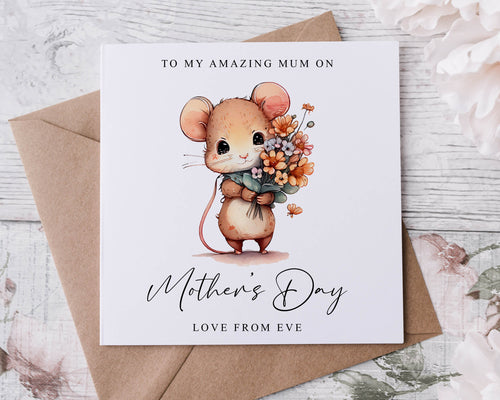 Mum Mothers Day Card - Cute Mouse with Flowers design- Card For Her, Mum, Mam, Mom, Mummy, Mammy, Mommy