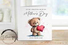 Load image into Gallery viewer, Personalised Mummy Mothers Day Card - Cute Bear with Heart- Card For Her, Mum, Mam, Mom, Mummy, Mammy, Mommy

