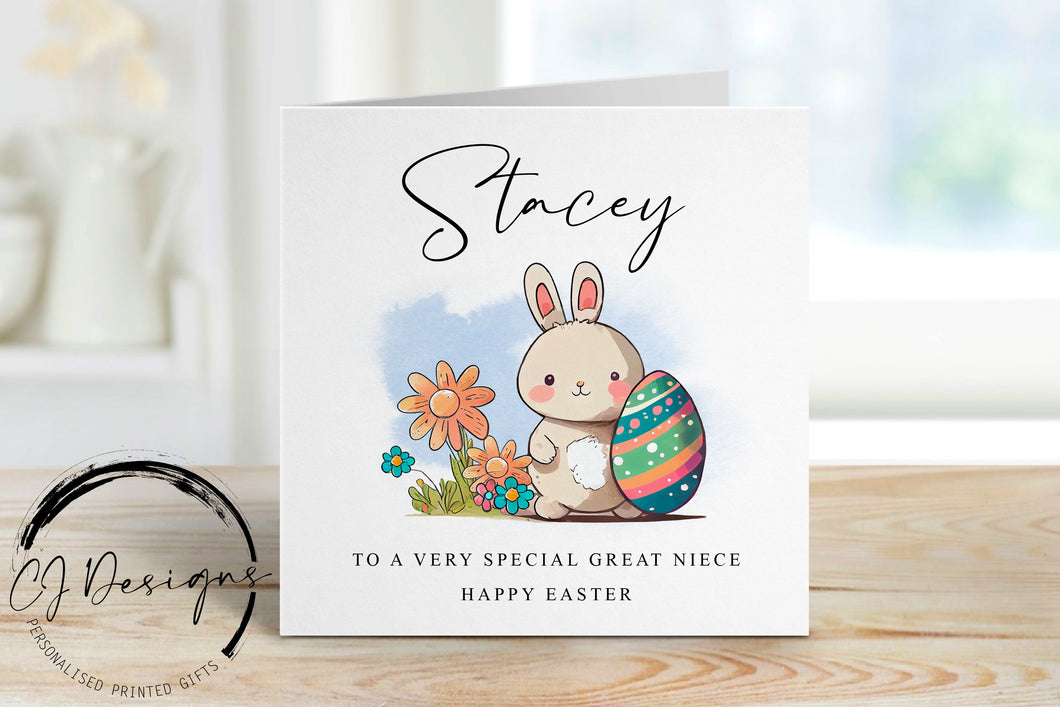 Personalised Great Niece Easter Card with Name - Easter Bunny and Easter Egg illustration- Card for Her
