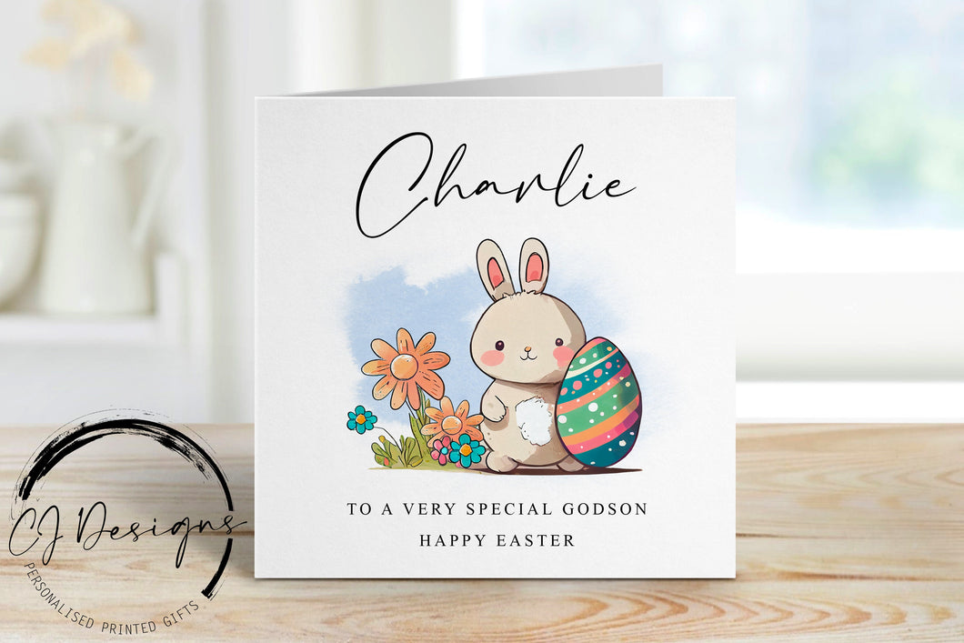 Personalised Godson Easter Card with Name - Easter Bunny and Easter Egg illustration- Card for Him