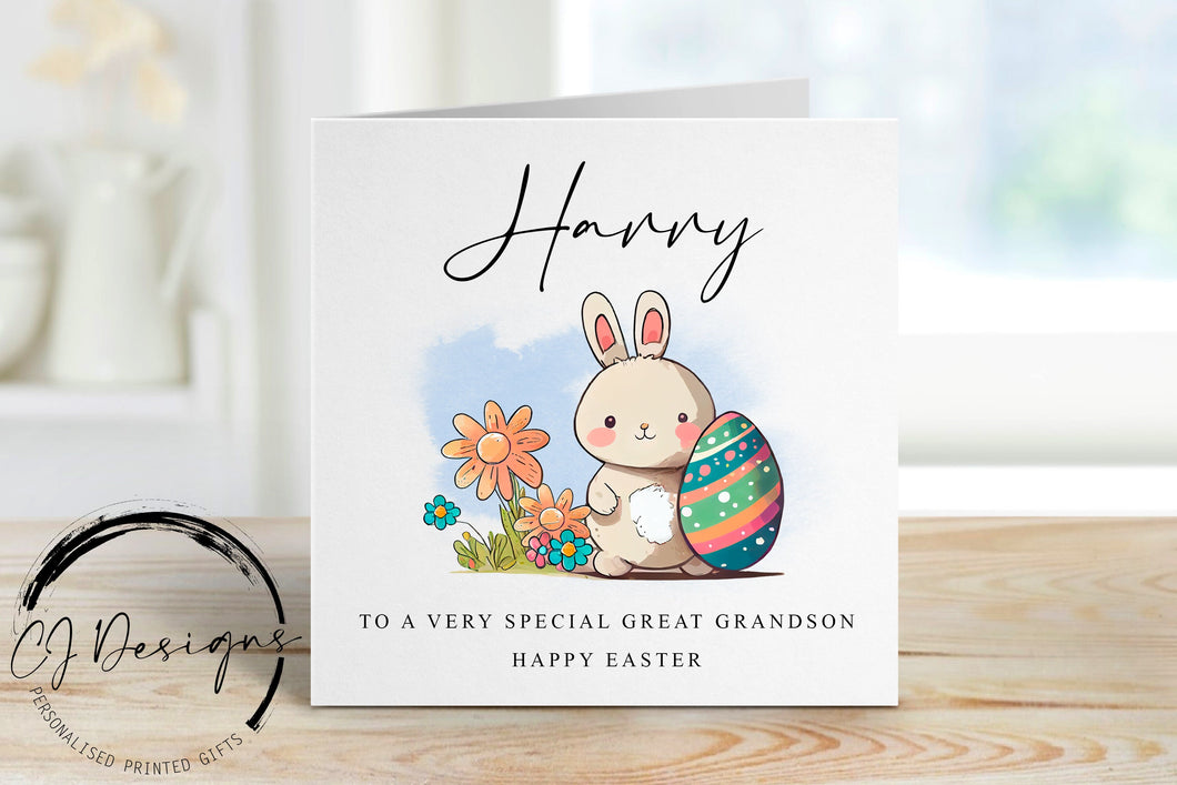 Personalised Great Grandson Easter Card with Name - Easter Bunny and Easter Egg illustration- Card for Him