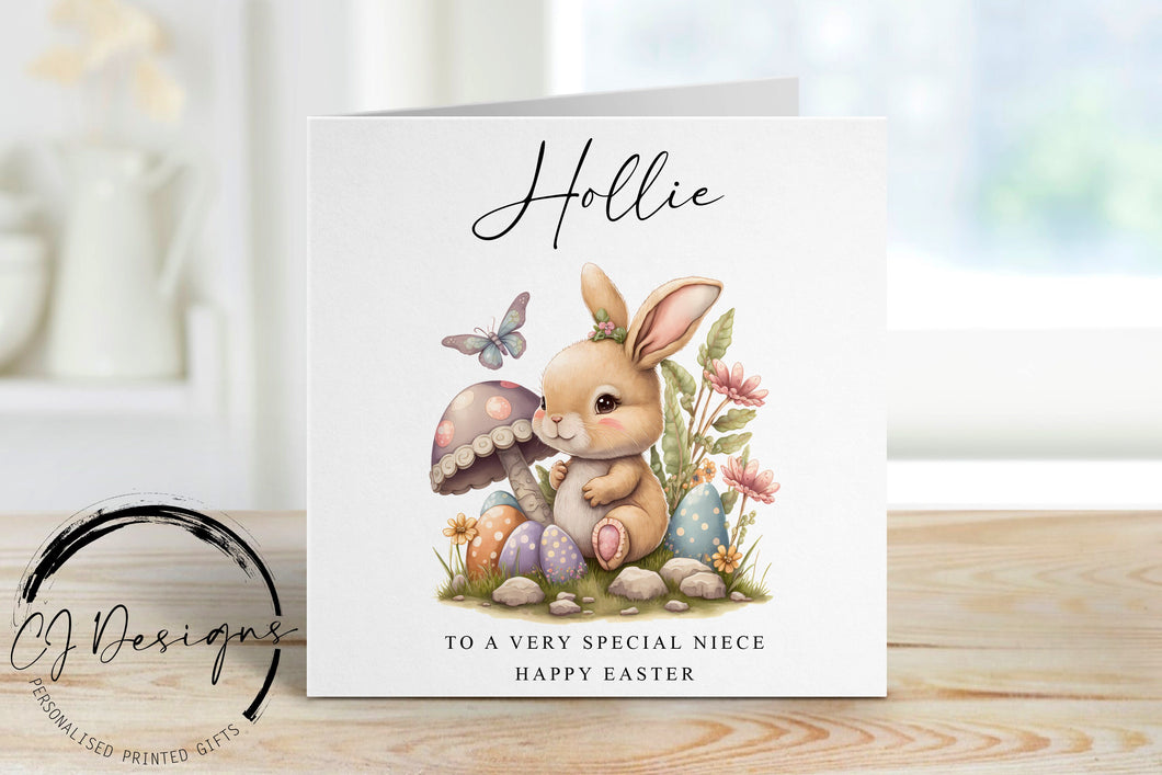 Personalised Niece Easter Card with Name - Easter Bunny and Easter Egg illustration- Card for Her