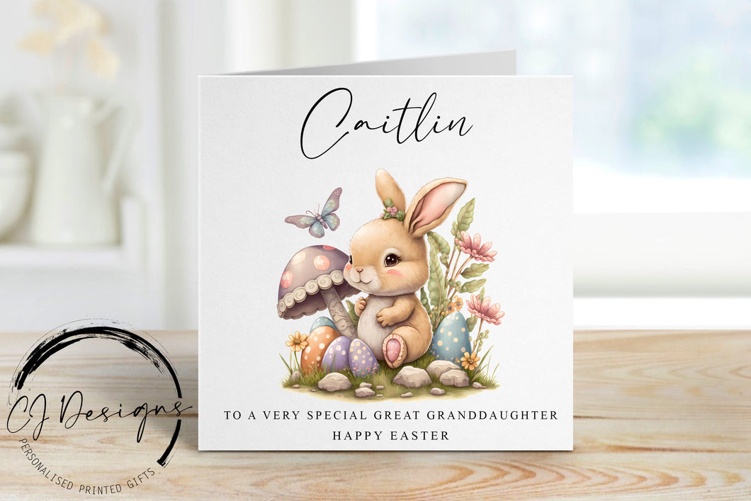 Personalised Great Granddaughter Easter Card with Name - Easter Bunny and Easter Egg illustration- Card for Her