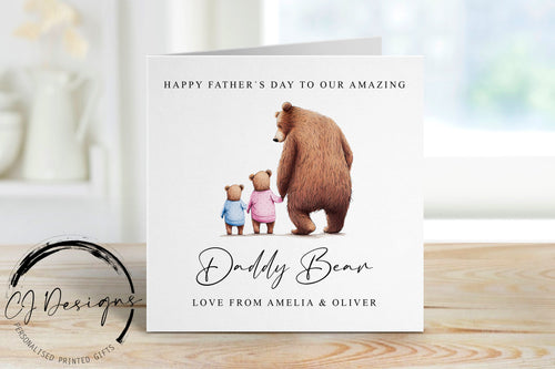 Personalised Daddy Bear Fathers Day Card from upto 4 Children -  Daddy and Baby Bear Card for Him Medium or Large card Name and Age