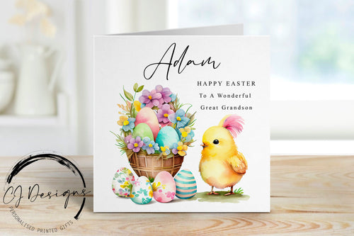 Personalised Great Grandson Easter Card with Name - Chick and Easter Egg illustration- Card for Him- 2 Sizes Available
