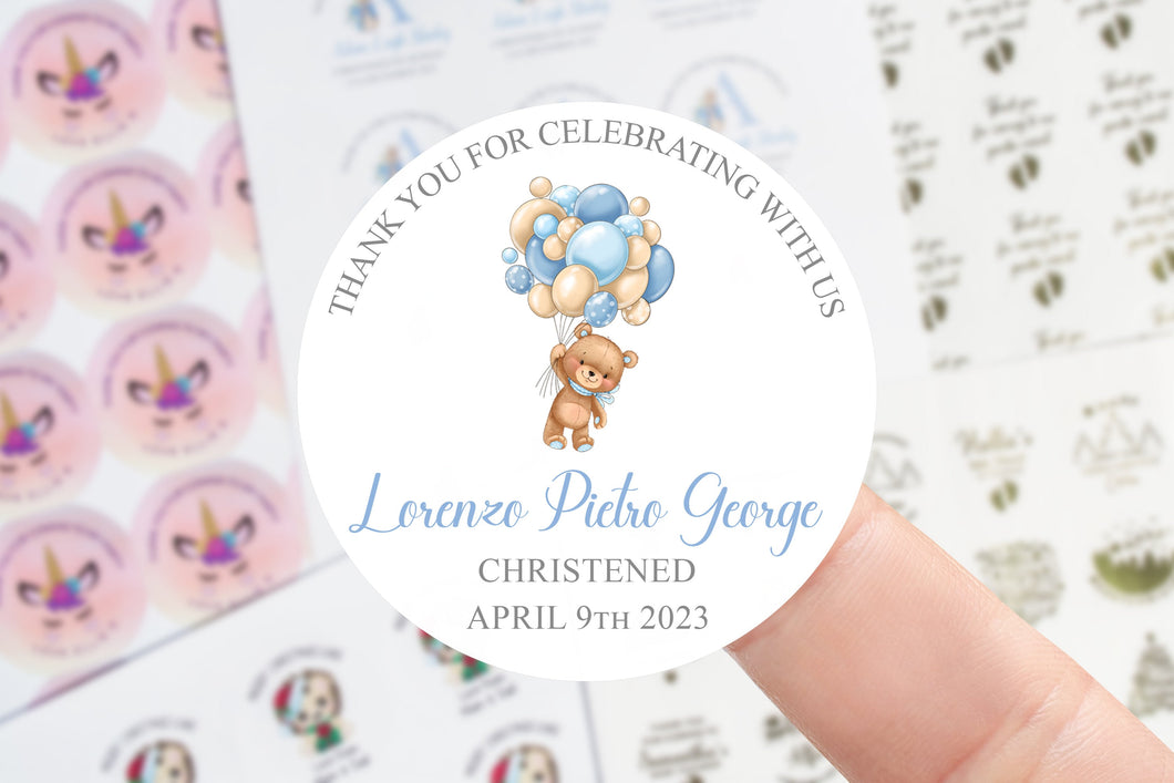 Personalised Christening Stickers -  Boys Teddy with Blue Balloons - Name and Date Thank You For Coming Sticker - 45mm /51mm/64mm